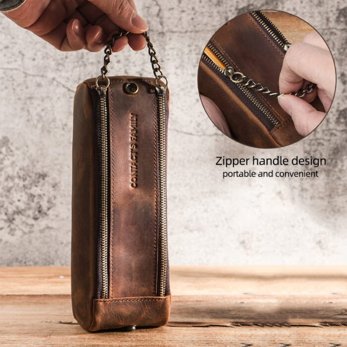 2Zipper Genuine Leather Zipper Pencil Case - Image 5