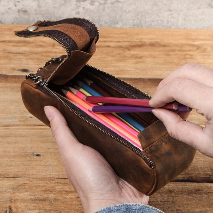 2Zipper Genuine Leather Zipper Pencil Case - Image 6