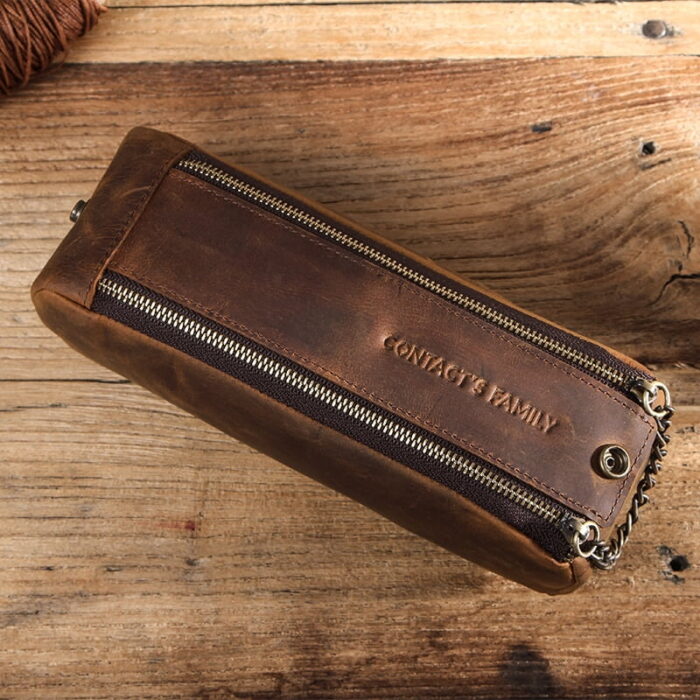 2Zipper Genuine Leather Zipper Pencil Case - Image 3